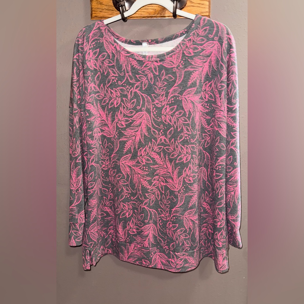 Floral Pink And Gray Long Sleeve Women's Top